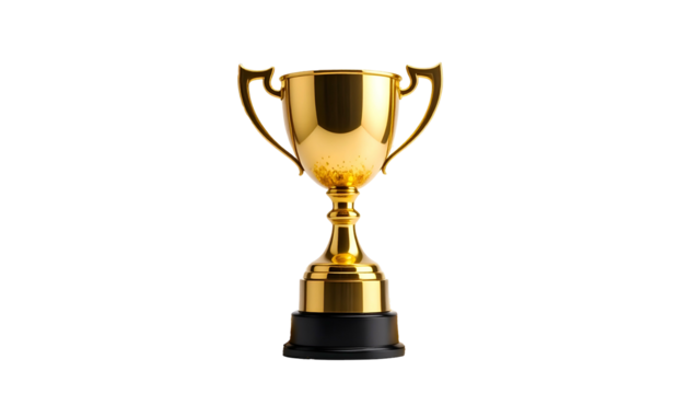 A shiny gold trophy with a black base on a black background, centered and gleaming