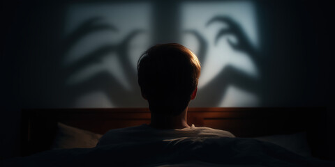 Fearful shadows haunting a sleepless night in a dark bedroom