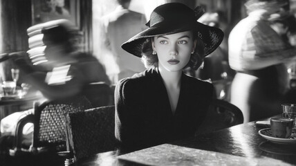 Intense black and white portrait of a mysterious young woman in a vintage wide-brimmed hat, sitting in a bustling 1940s cafe with motion blur background