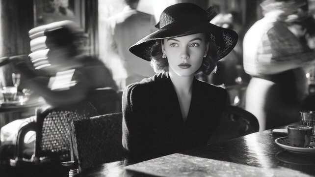 Intense black and white portrait of a mysterious young woman in a vintage wide-brimmed hat, sitting in a bustling 1940s cafe with motion blur background