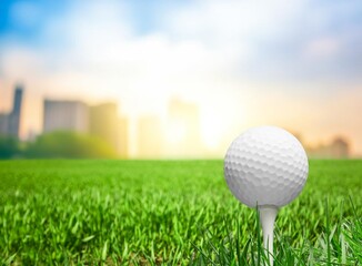 Golf clubs and white balls on beautiful green lawn