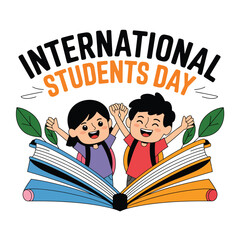 Vector art of international students day celebration with happy diverse children holding hands and open books, vector illustration