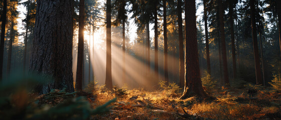 Fake 360 hdr of sunlight streaming through trees in serene forest landscape nature dawn