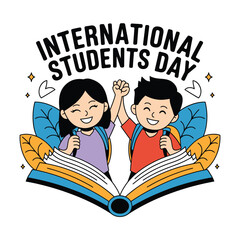 Vector art of international students day with smiling diverse children celebrating by holding hands above an open book