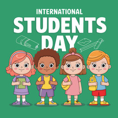 Vector art of international students day celebrated with diverse group of happy children holding books and wearing backpacks, symbolizing education and global unity
