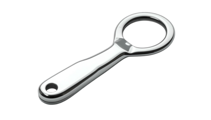 A shiny chrome bottle opener, angled, against a black background
