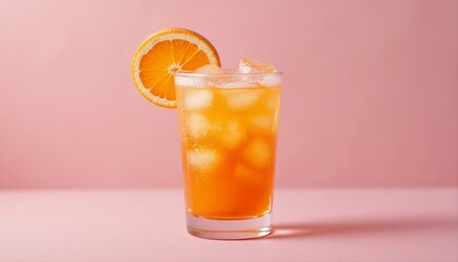 Zesty lemon cocktail in glass with ice cubes and lemon wheel on pastel pink background