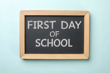 Obraz premium Chalkboard with “First Day of School” message on blue backdrop — ideal for educational campaigns, back-to-school visuals, and academic milestone storytelling. generative ai