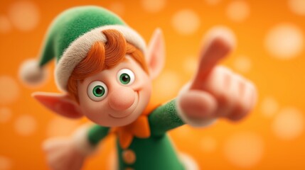 Cheerful cartoon elf character with green hat and orange collar, pointing playfully against a vibrant orange background, embodying festive spirit and joy