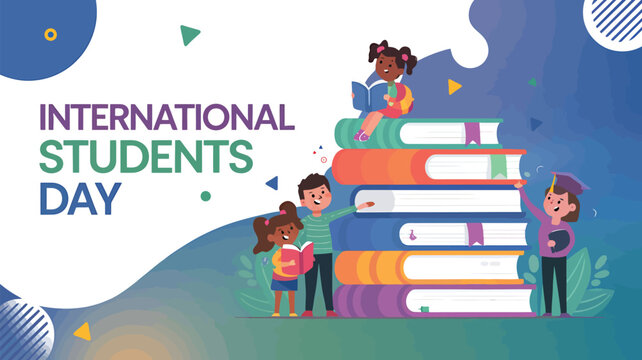 Vector art of international students day with diverse people reading books stacked high on a blue wave background with abstract shapes