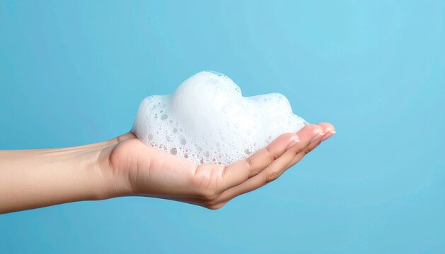 Hand Holding Fluffy Soap Foam, Hygiene Concept