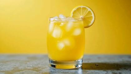 Zesty lemon cocktail in rounded glass with ice cubes and lemon wheel on pastel yellow background	