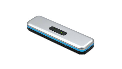Sleek silver rectangular device with blue accents, lit indicators, isolated on black