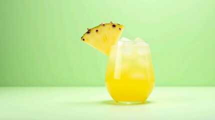 Tropical pineapple cocktail in a clear round glass, pineapple garnish, and ice, isolated on pastel mint