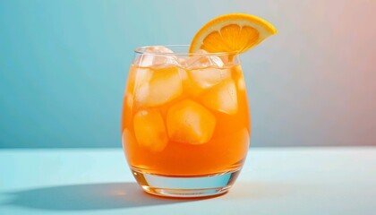 Zesty lemon cocktail in rounded glass with ice cubes and lemon wheel on pastel bluebackground