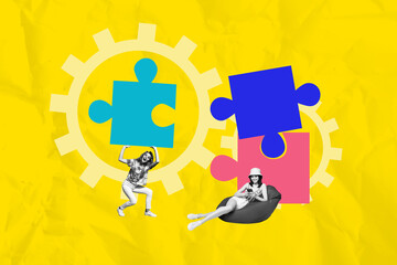 Image pop full art collage of two happy businesswomen stand gearwheel optimization progress statistics puzzle match jigsaw