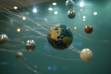 Floating network of globes with connected lines on blue background