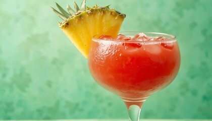 Refreshing red pineapple cocktail in a round glass with ice cubes and pineapple slice garnish on a pastel green background	