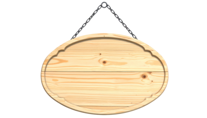Oval wooden sign with decorative edges hangs from a dark chain against a stark black backdrop