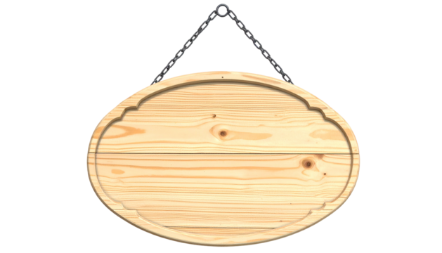 Oval wooden sign with decorative edges hangs from a dark chain against a stark black backdrop