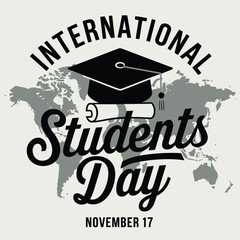 Vector art of international students day depicted with a graduation cap and scroll superimposed on a world map, signifying global education and unity