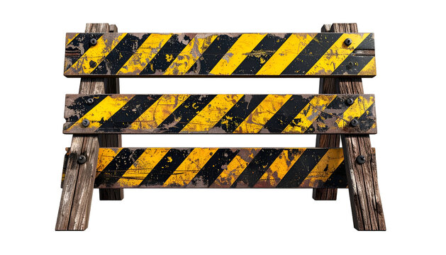 Weathered wooden barricade with yellow and black stripes, isolated against black background