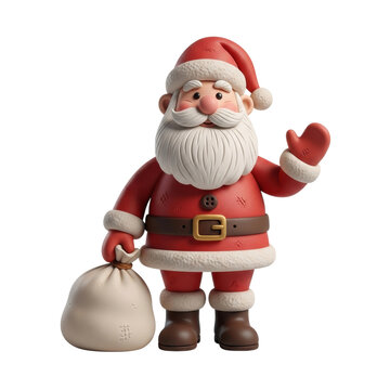 Charming claymation santa claus waving hello holding a gift sack isolated on transparent background