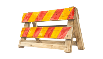 Watercolor illustration of a wooden construction barrier with red and yellow stripes, isolated