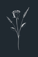 Elegant minimal line art of a single rose combined with wheat stems on a dark background. Suitable for packaging, tattoos, posters, or minimalist floral decor.