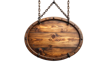 Oval wooden sign, suspended by chains, against a black backdrop, showcasing intricate wood grain