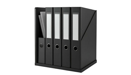 A black office organizer holding several upright binders with white labels and paper