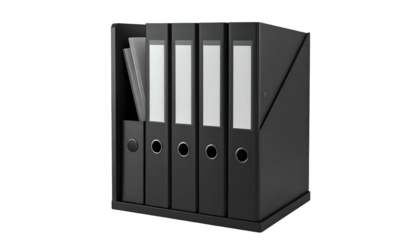 A black office organizer holding several upright binders with white labels and paper
