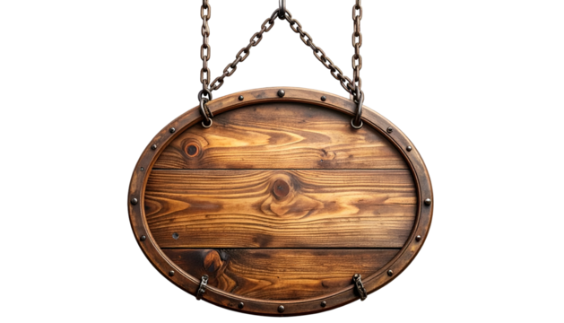 Oval wooden sign, suspended by chains, against a black backdrop, showcasing intricate wood grain