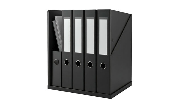 A black office organizer holding several upright binders with white labels and paper
