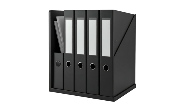 A black office organizer holding several upright binders with white labels and paper