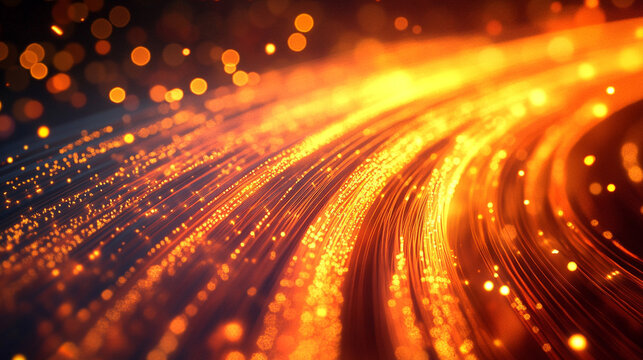 Glowing optical fibers represent digital communication and data transfer in modern networks. Hyperrealistic 3D rendering illustrating high-speed connectivity, technology, and innovation in a futuristi