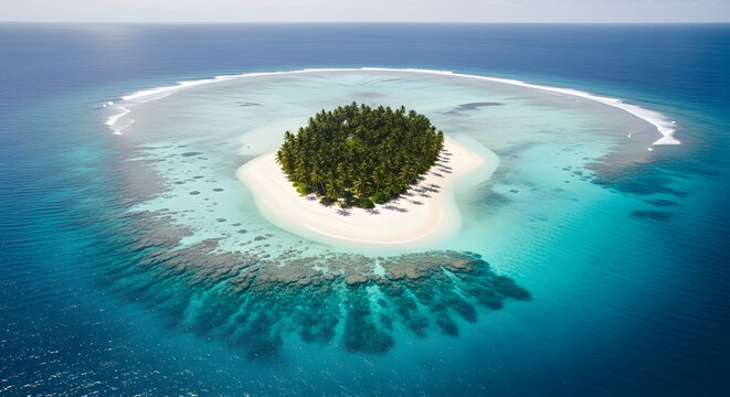Aerial view of a pristine tropical island, an untouched paradise with lush palms, white sand, and vibrant coral reefs in crystal-clear waters