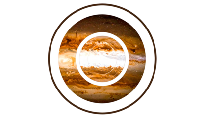 A circular illustration of a planet, with a smaller circle inside. Stripped cloud patterns visible