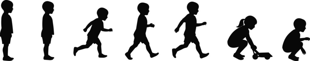  Child development silhouette set, physical growth stages vector, walking running playing poses, early motor skills illustration, black human shapes for education