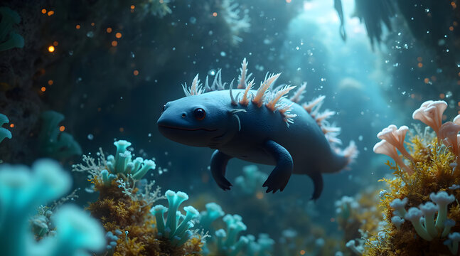 Surreal Axolotl in Bioluminescent Cave Surrounded by Glowing Algae
