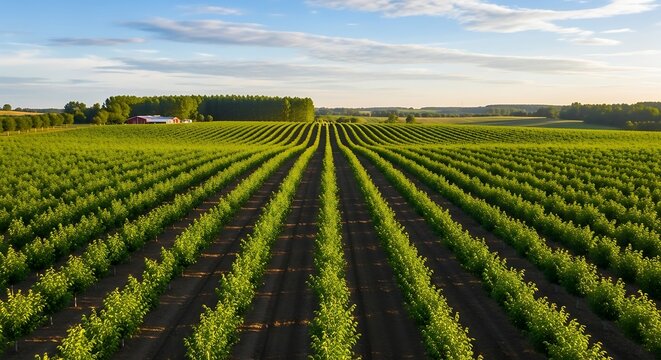 Aerial view of orchard rows at sunset.