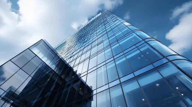 Tall glass office building reflecting blue sky and clouds, seen from a low-angle upward perspective.