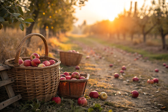 Golden sunset over apple orchard with baskets of fresh harvest &mdash; ideal for seasonal, agricultural, and rustic campaigns celebrating nature&rsquo;s abundance and peace. generative ai