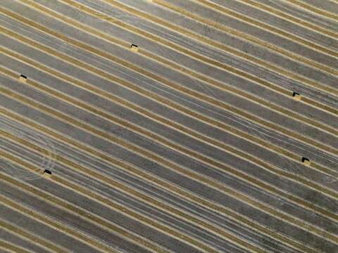 Aerial view of parallel golden lines of harvested fields and scattered hay bales create a textured tapestry under the sun, Rusalea, Veliko Tarnovo Province, Bulgaria.