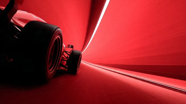 Red racing car speeds through a vibrant, futuristic red tunnel with glowing light trails, conveying high-performance, adrenaline, and cutting-edge automotive design in a dynamic, abstract environment.