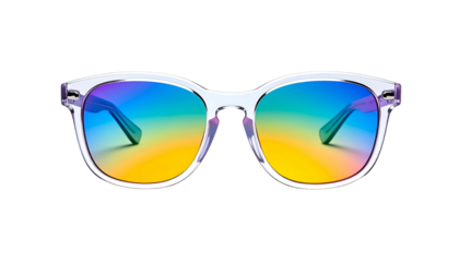 Transparent-framed eyewear, rainbow lenses, isolated on black. Colorful gradient reflections