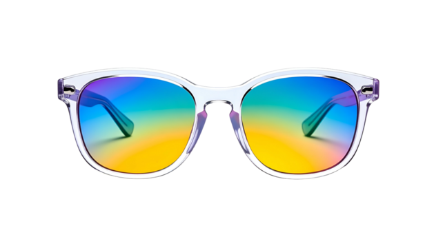 Transparent-framed eyewear, rainbow lenses, isolated on black. Colorful gradient reflections