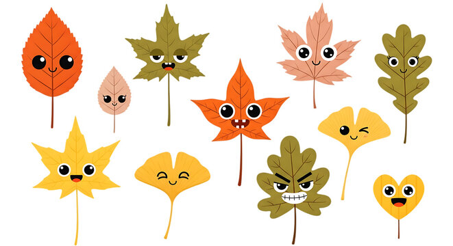 Adorable cartoon leaves with faces perfect for autumn designs on transparent background