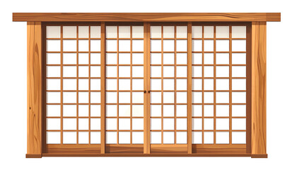 Anime-style, wooden framed Shoji screen with intricate grid and centered double doors