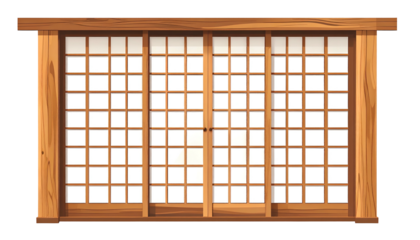 Anime-style, wooden framed Shoji screen with intricate grid and centered double doors